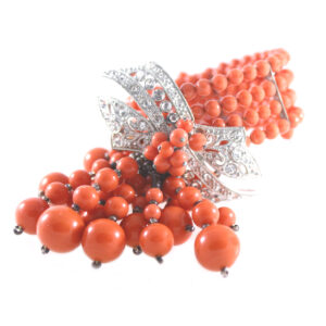 vintage miriam haskell coral bead & rhinestone bracelet