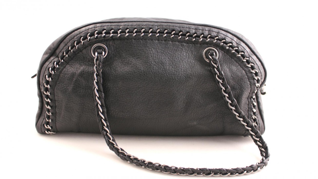 Chanel Black Leather Bowling Bag Luxury Ligne Double Chain Link Purse ...