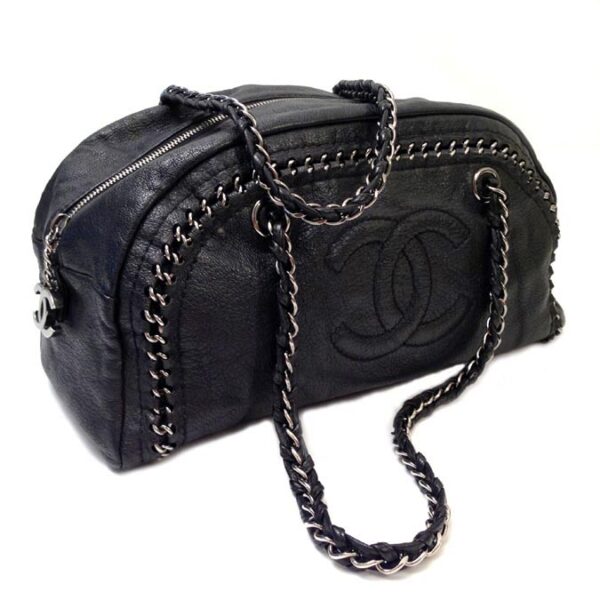 Chanel Black Leather Bowling Bag Luxury Ligne Double Chain Link