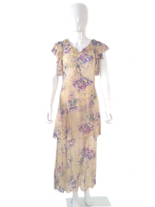 1930s silk ruffled tiered floral vintage dress
