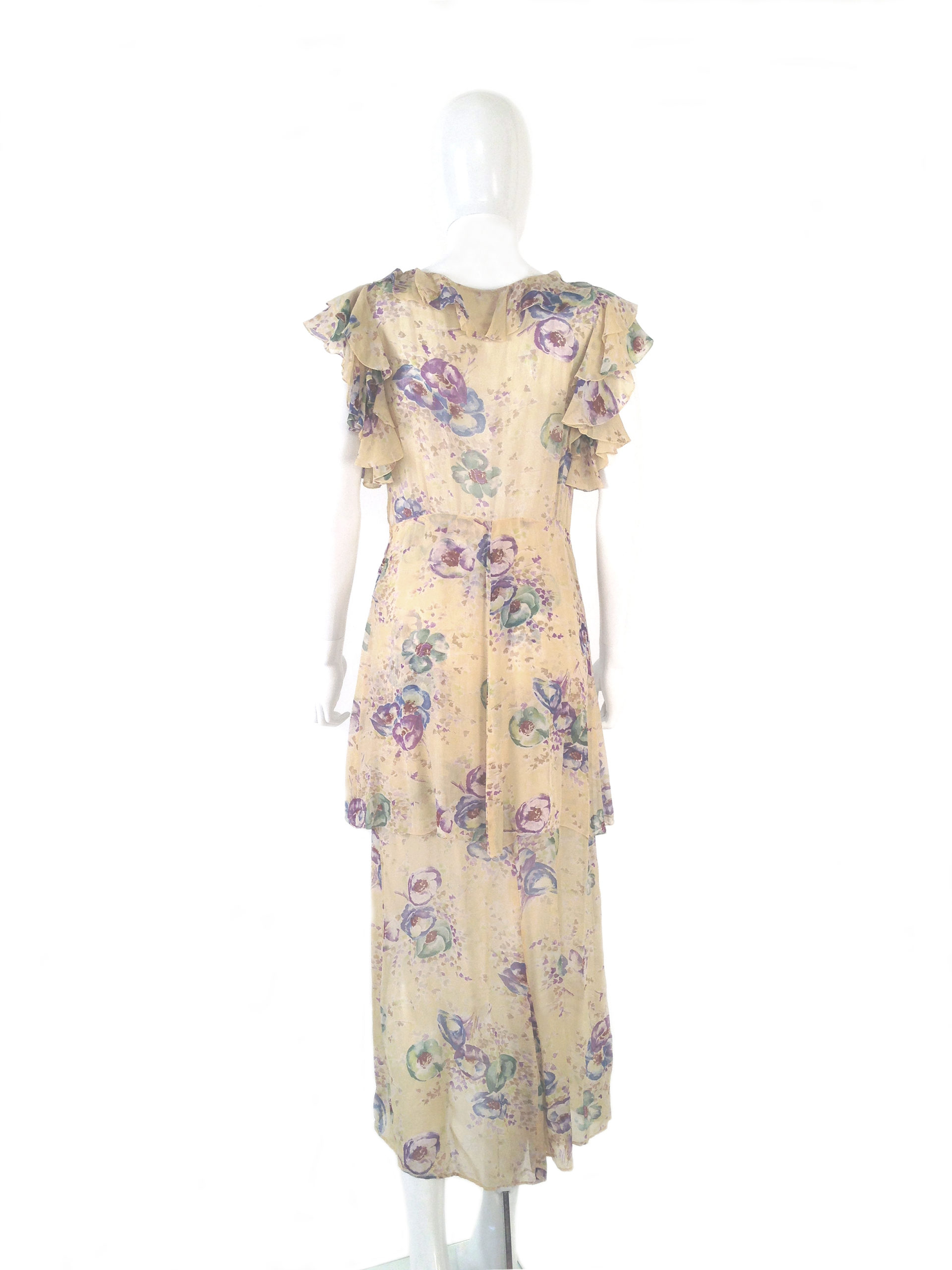 Vintage Floral Silk Sheer Tiered Water Colors 1930s Day Dress Size