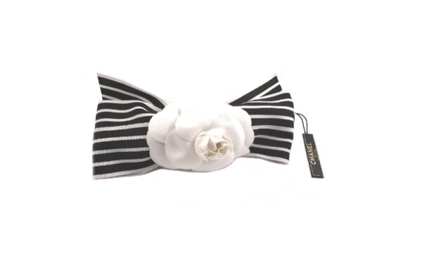 Chanel Black and White Stripe Camellia Flower Hair Barrette