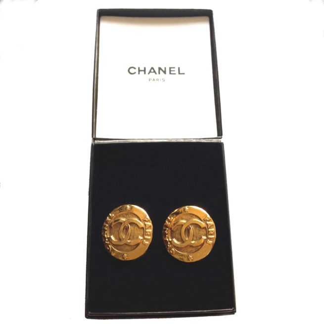 CHANEL CC Logo Medallion Earrings Gold