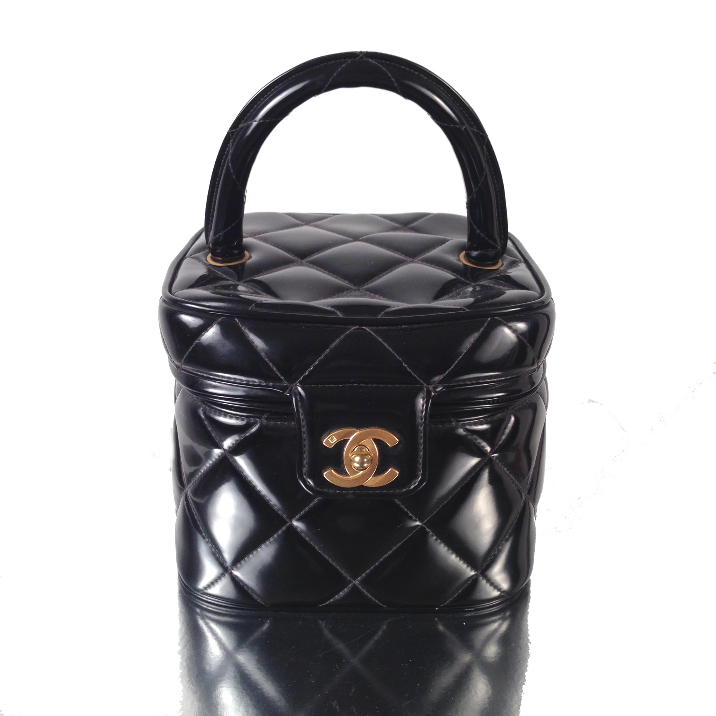 Vintage Chanel Black Patented Leather Handbag Purse Cosmetic Case