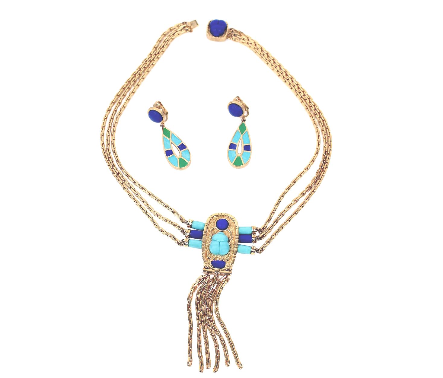Hattie Carnegie Egyptian Revival Enameled Scarab Necklace Earrings ...