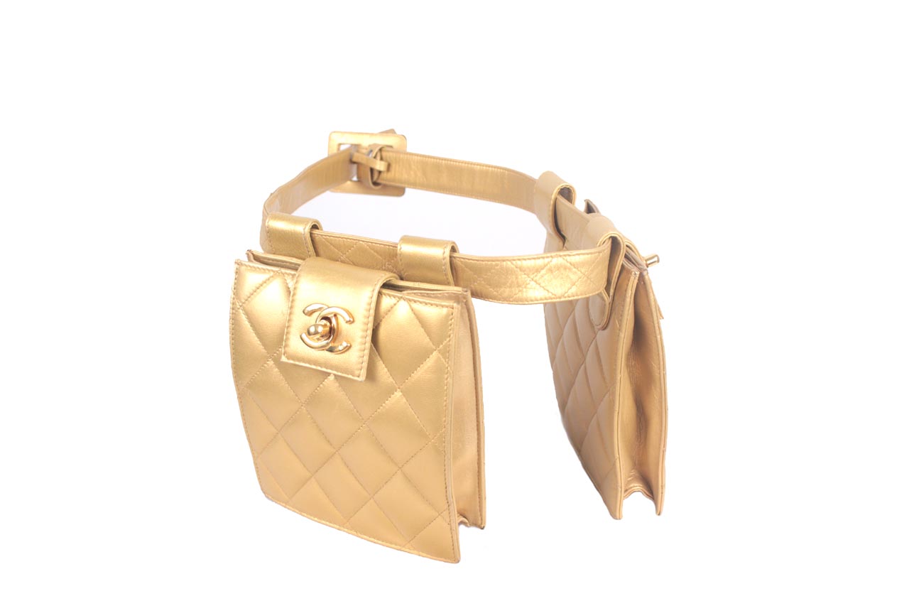 Vintage Chanel Gold Quilted Leather Double Bum Bag Fanny Pack Waist Belt - Einna  Sirrod