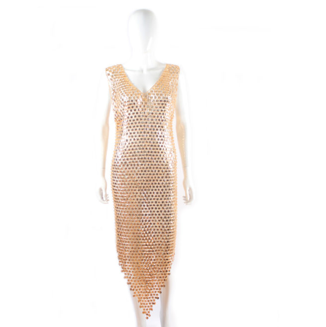 vintage Paco Rabanne chainmail gold quadrilobe aluminum ring 70s futuristic dress