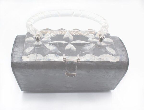 vintage Rialto marbled gray clear floral carved lid purse