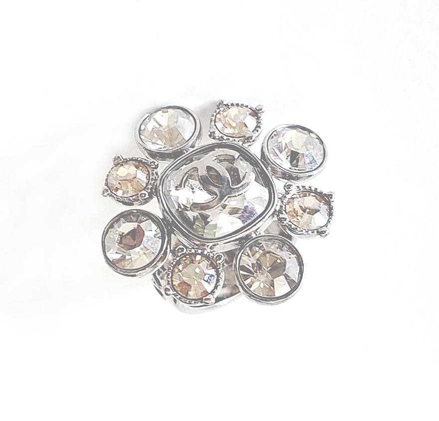 Chanel Crystal Flower CC Logo Silver Tone Cocktail Ring - Einna Sirrod