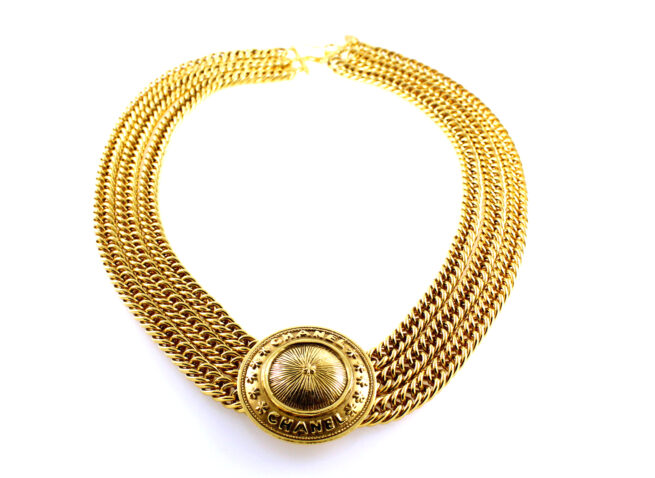 Vintage Chanel Gold Plated Triple Chain CC Necklace