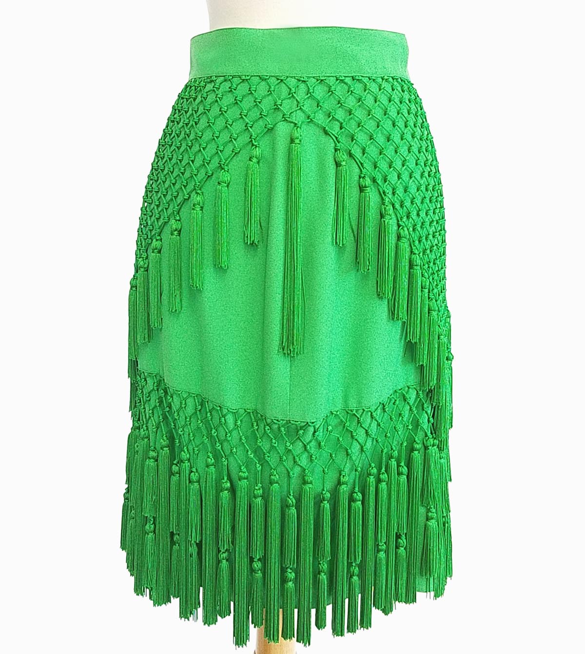 Gianni Versace Couture Green Net Crochet Tassel 80s Skirt Size 44