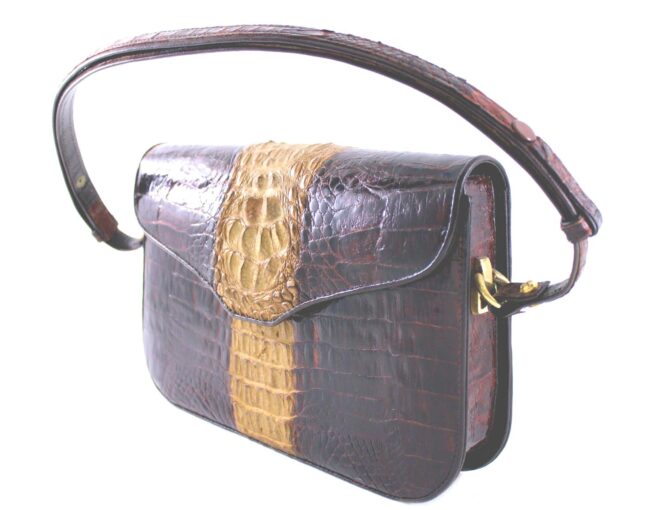 hornback crocodile tan & burgundy brown handmade handbag vintage purse