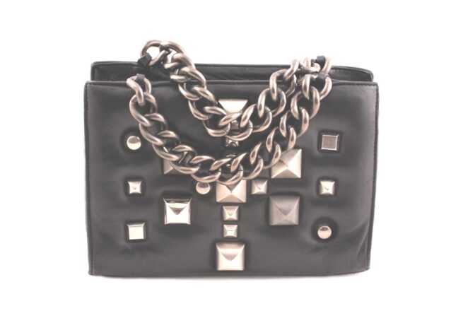 roberto cavalli black leather gunmetal studs two chain bag