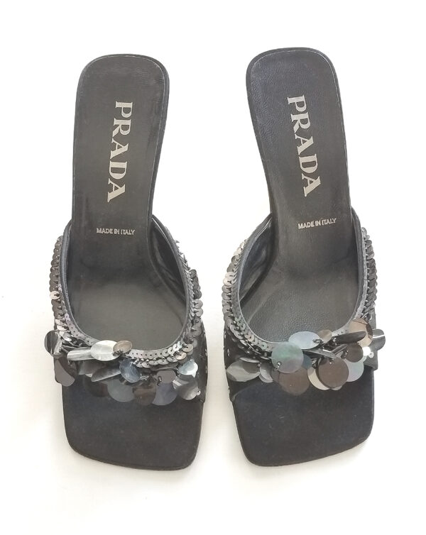 Prada iridescent sequined black open square toe bareback mules