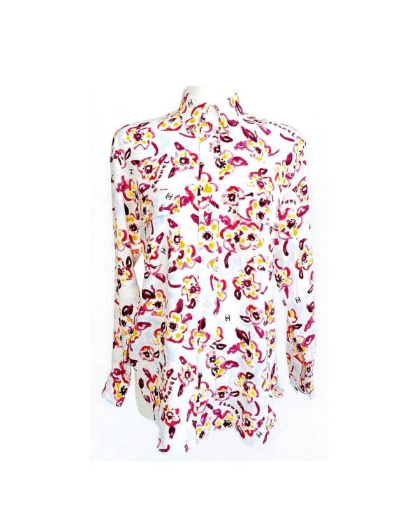 chanel abstract floral silk monogrammed blouse