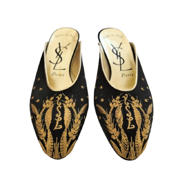 ysl paris gold embroidered black satin vintage mules 8m