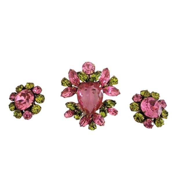 vintage regency brooch and earrings pink and green stones demi parure set
