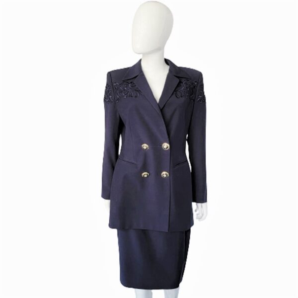 escada couture 80s floral embroidered wool dark blue skirt blazer vintage suit