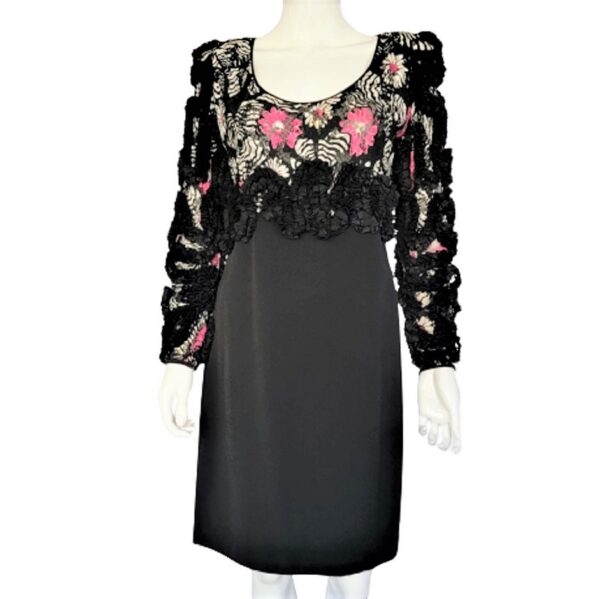 galanos black ruffled trim floral top long sleeve 80s dress