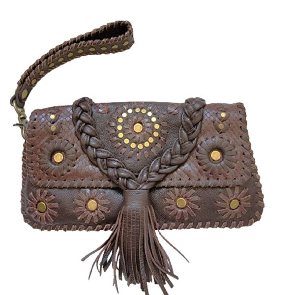 isabella fiore brown leather tassel hang wristlet clutch bag